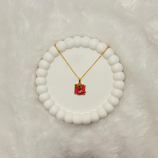 Vibrant Pink Enamel Rose Pendant Necklace