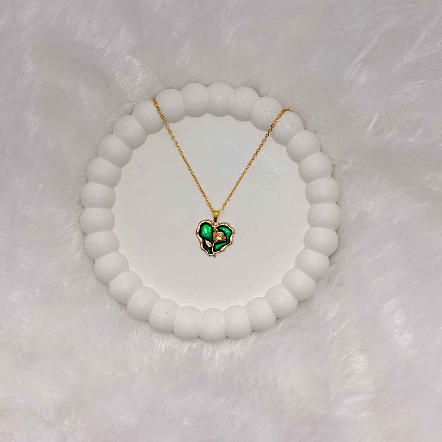 Enigmatic Green Enamel Rose Heart Necklace