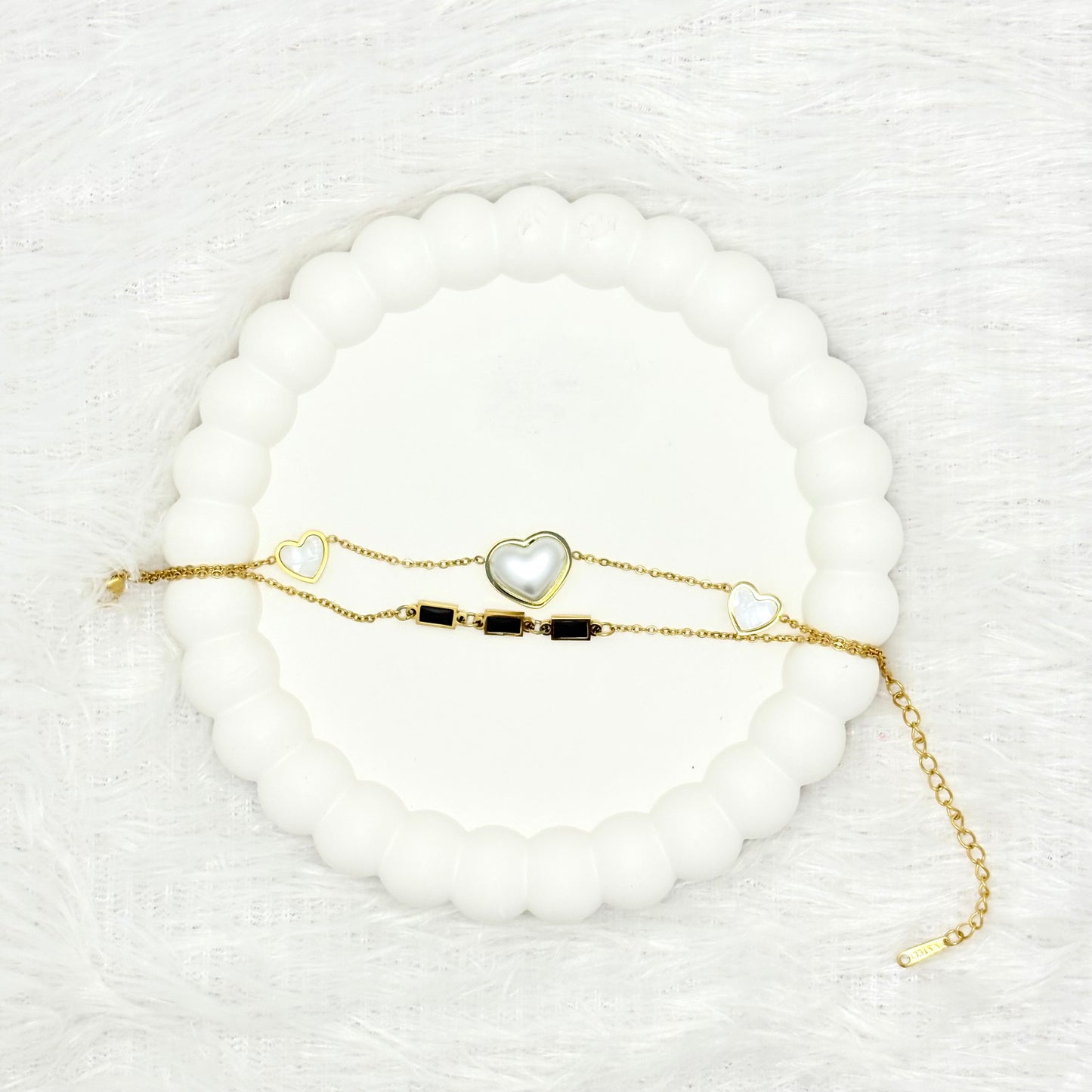 Layered Mother of Pearl and Black Enamel Heart Bracelet