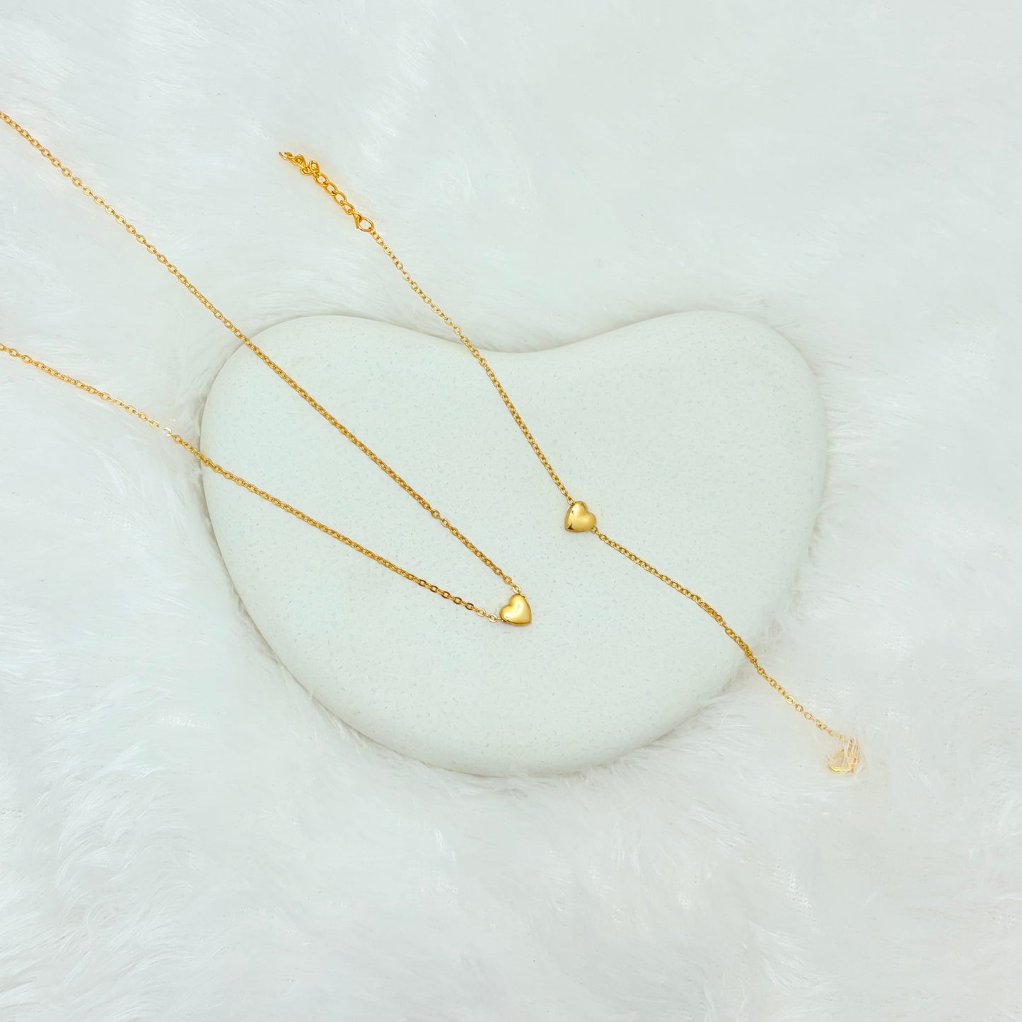 Dainty Puffy Heart Necklace and Bracelet Set