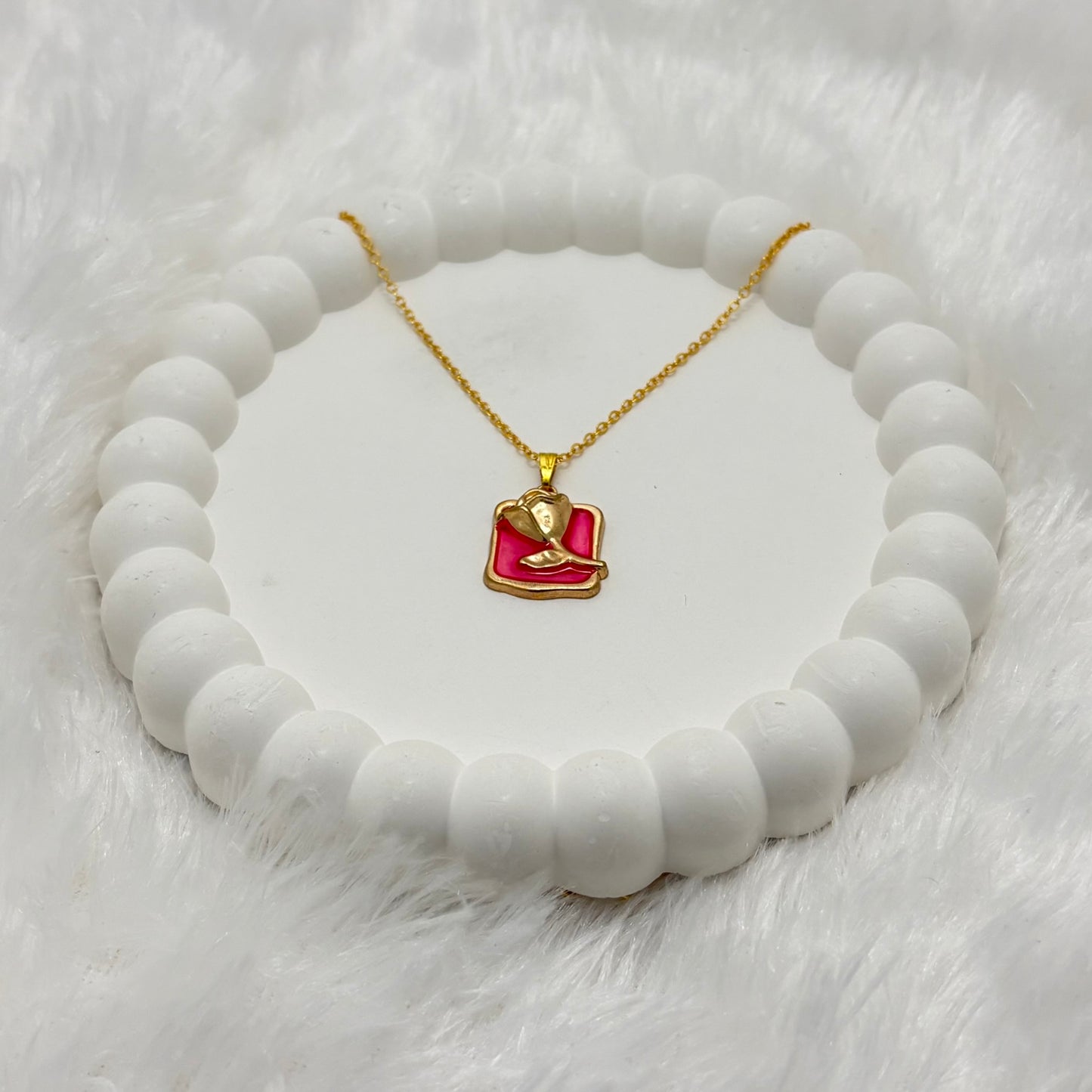 Vibrant Pink Enamel Rose Pendant Necklace