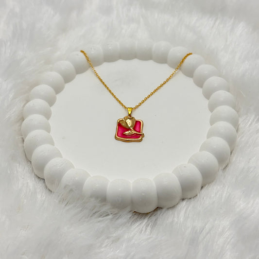 Vibrant Pink Enamel Rose Pendant Necklace