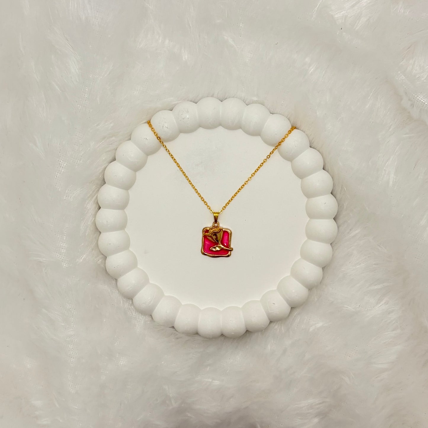 Vibrant Pink Enamel Rose Pendant Necklace