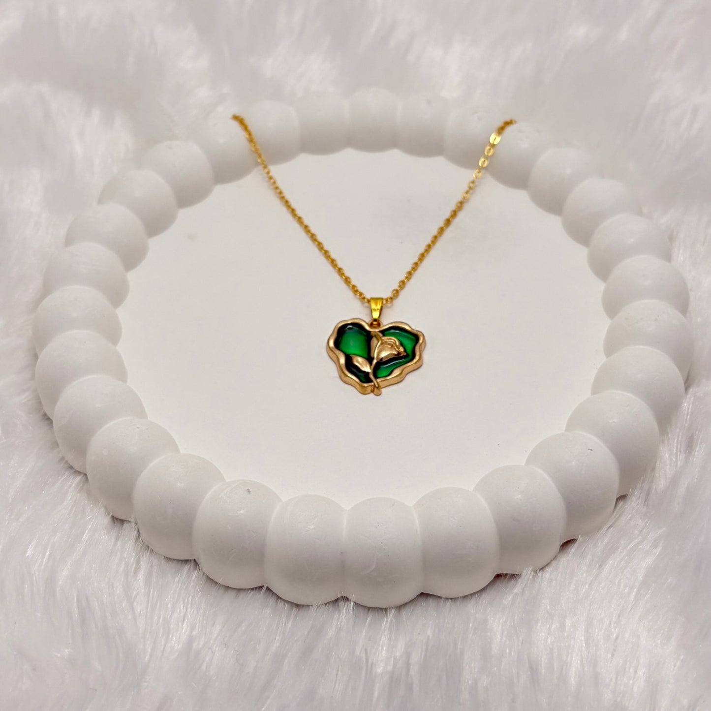 Enigmatic Green Enamel Rose Heart Necklace
