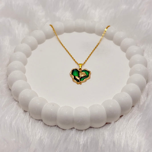Enigmatic Green Enamel Rose Heart Necklace