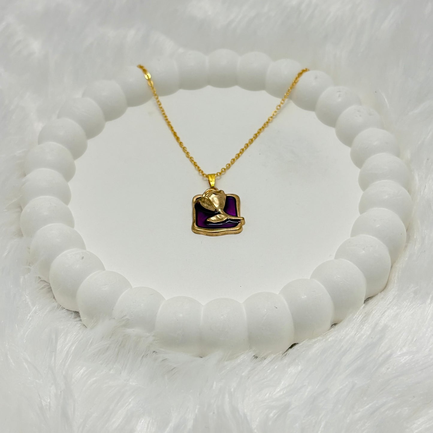 Vibrant Purple Enamel Rose Pendant Necklace