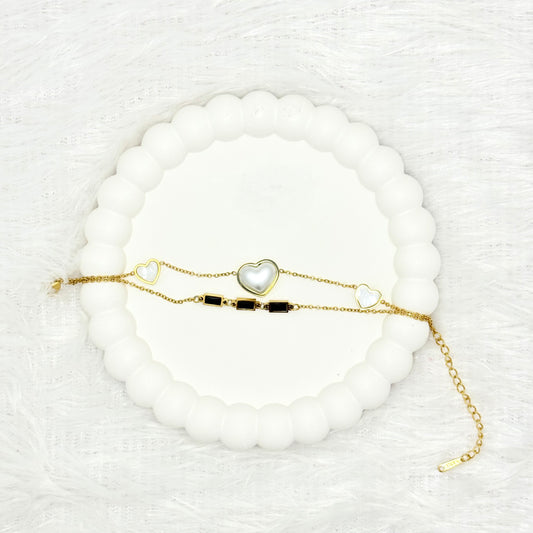 Layered Mother of Pearl and Black Enamel Heart Bracelet